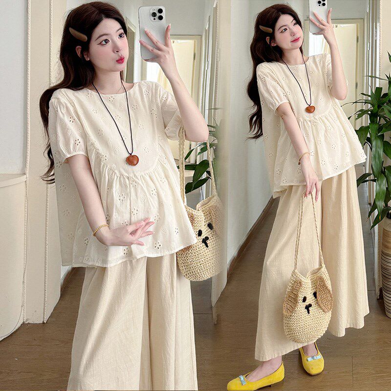 新品孕妇夏装套装外穿小个子孕妇装短袖娃K娃衫上衣阔腿裤怀孕期