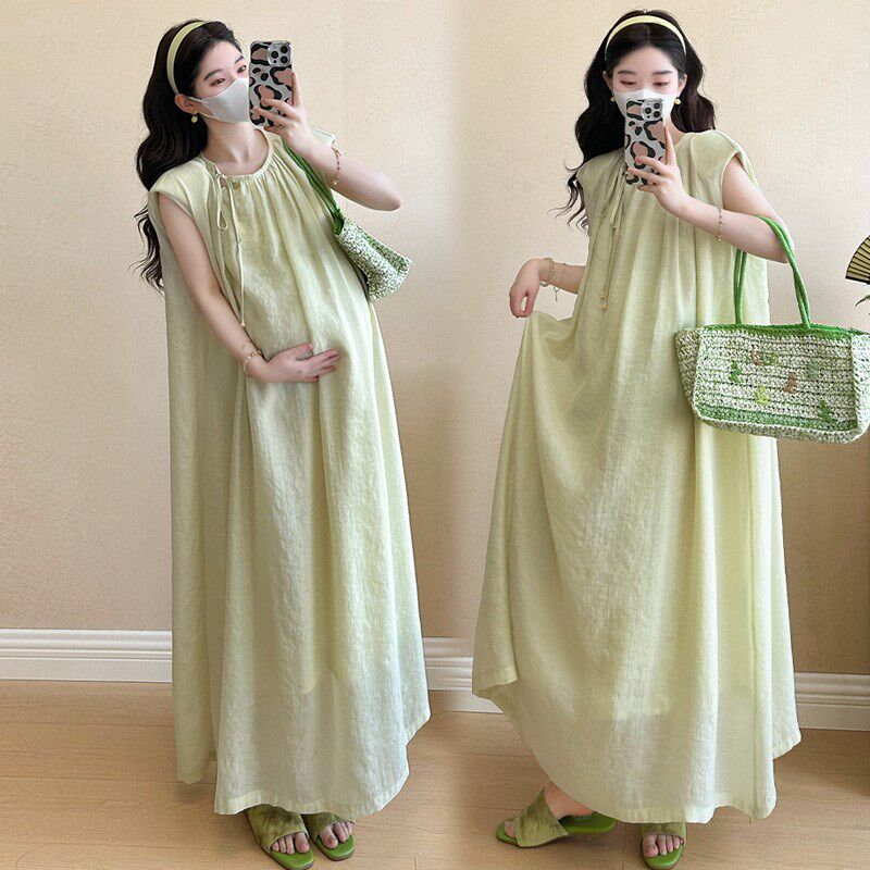 新品孕妇夏装连衣裙中式r国风孕妇装宽松过膝长款背心裙遮肚气质