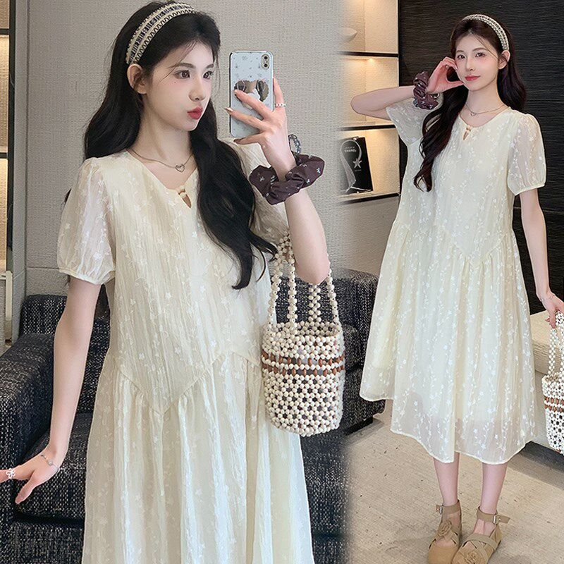 新品孕妇夏装连衣裙甜美减龄小个子孕妇装宽N松遮肚短袖薄款雪纺