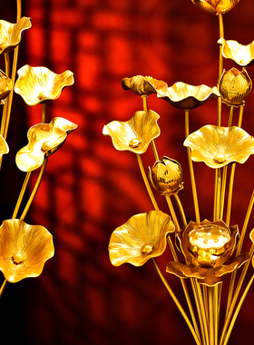 新品一对供佛鎏金花瓶  佛堂佛前供奉莲花J花插手工捏制13束花佛