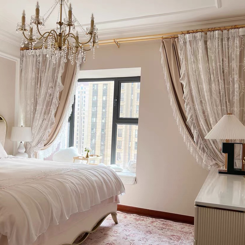 极速奶茶色米色法式丝绒窗帘蕾丝公主风G欧式ins美式复古纱帘卧室