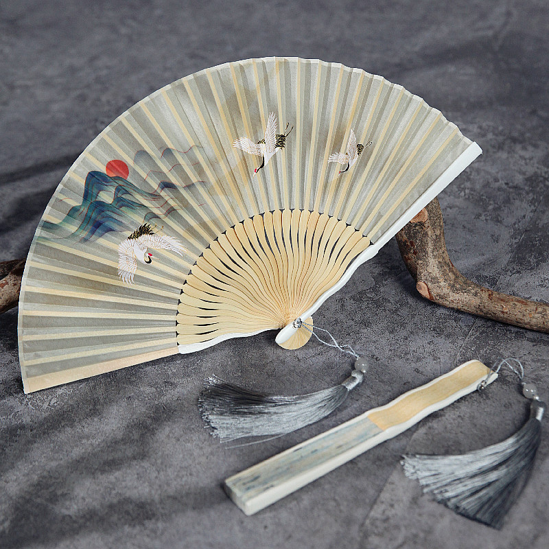 极速中国风夏季便携仙鹤祥云印花老骨G竹扇子复古风绫绢流苏跳舞