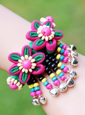 极速云南复d古民族风手工编织手链花卉舞蹈布艺铃铛护腕女生创意