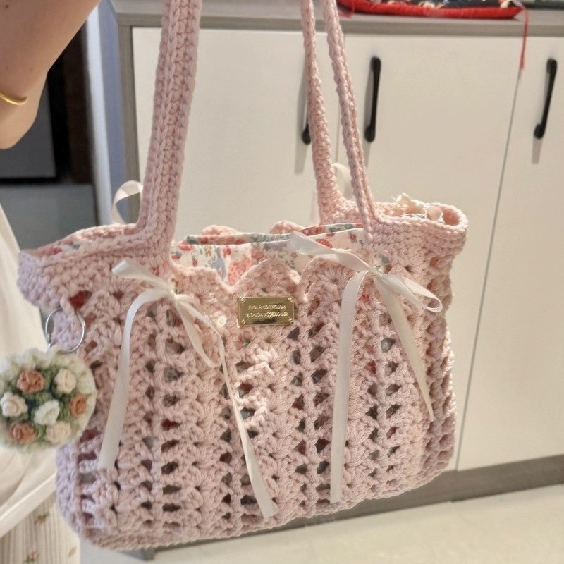 极速手工自制钩针钩织夏日碎花花嫁镂空包小圆纱单肩V包编织diy材