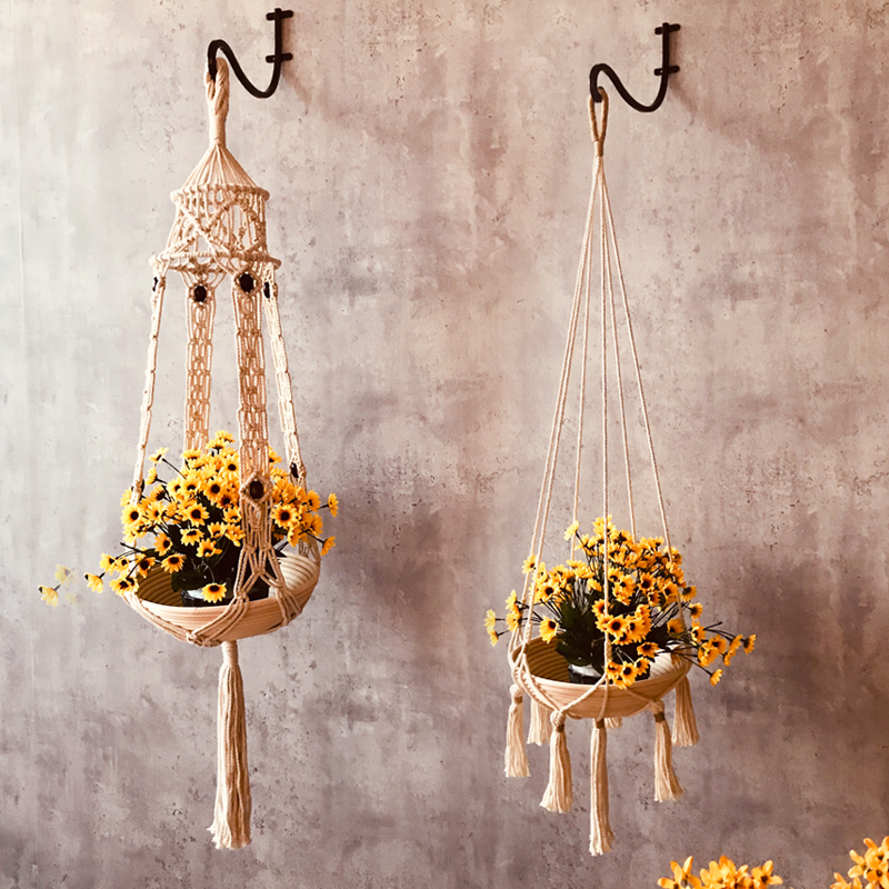 极速INS北欧风手工复古编织创意花盆花器网兜圆形水果.小物件收纳