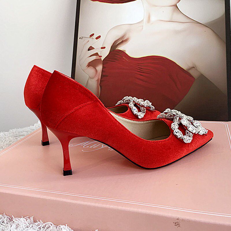 新品3公分高跟鞋女红色细跟尖头水钻蝴J蝶结婚鞋新娘鞋平时可穿婚