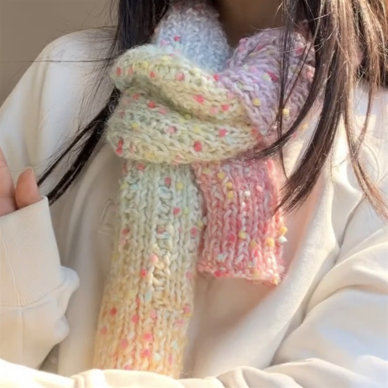 极速渐变手混线彩虹m糖围巾手工编织diy粗毛线元宝针自织材料包送