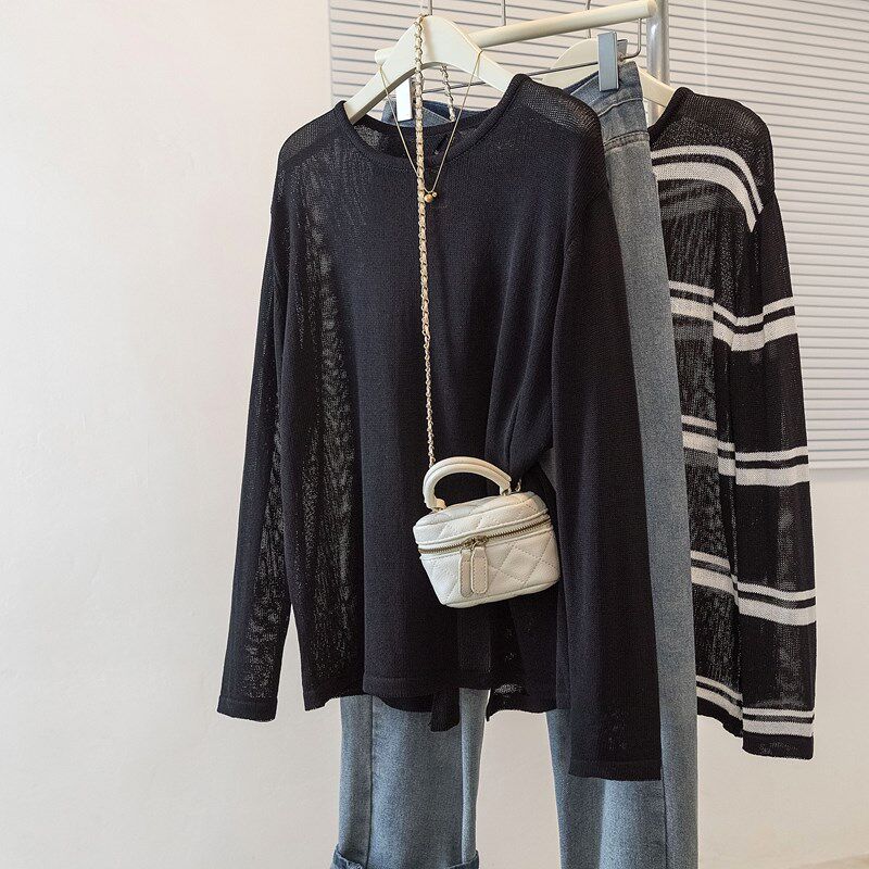 新品薄款正肩条纹长袖T恤女t2025夏季大码胖mm宽松超好看漂亮针织