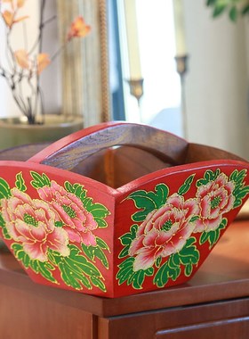 极速纯手工彩f绘实木米斗升茶几杂物收纳盒桌面摆件中式玄关钥匙