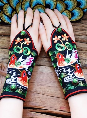 极速云南民族风护腕女刺绣漏y指绣花手腕套饰品半指手链同款手套
