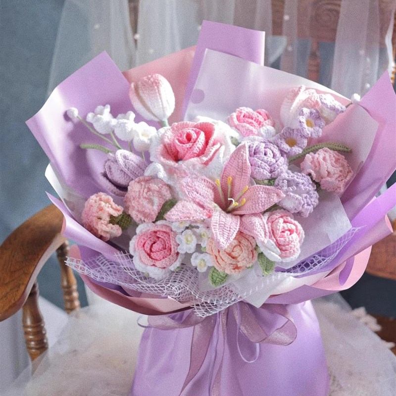 极速母亲b节礼物手工编织花束diy材料包自制毛线钩针泰国玫瑰花束