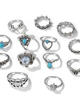 极速13pcs Retro Joint Ring hollow chain flowePr Knuckle ring