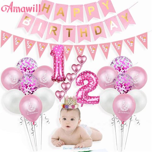 新品Amawill My 1/2 Birthday BallooDns Banner Hat Baby Shower