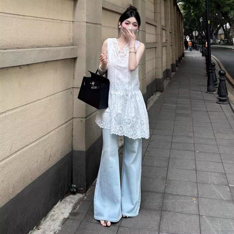 新品大码法式叠穿V领白色蕾丝背心裙F女夏季胖mm内搭外穿上衣连衣