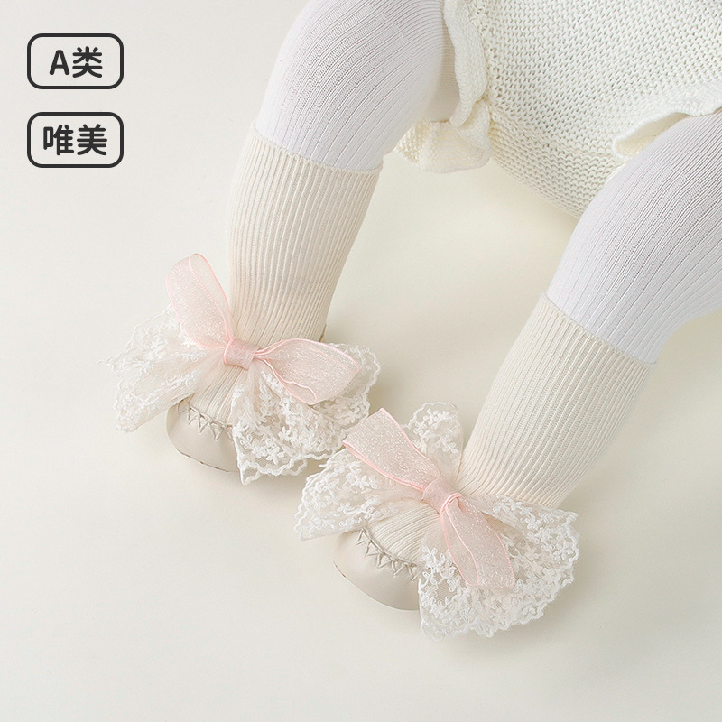 儿童蝴蝶结公主袜学步袜子鞋中筒防掉婴儿袜春秋宝宝皮底地板鞋袜