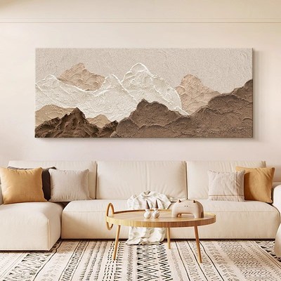 侘寂风抽象客厅装饰画背有靠山沙发E背景墙挂画奶油肌理感横幅壁