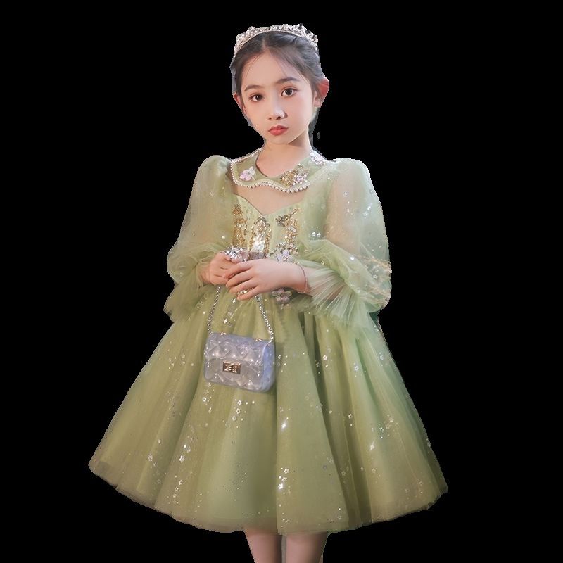 女童礼服轻奢小众钢琴绿色演出服儿童生日公主裙主持.人花童纱裙