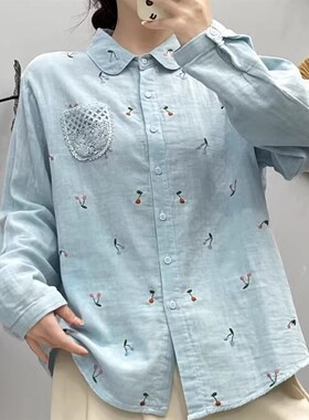 刺绣长袖衬衫女2024文艺w小清新甜美圆领蕾丝口袋百搭双层纱衬衣