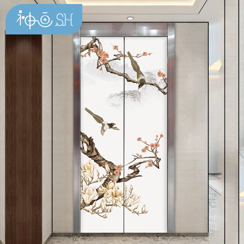水墨素净电梯门贴纸自粘电梯翻新装饰K贴画电梯门贴古典中国风