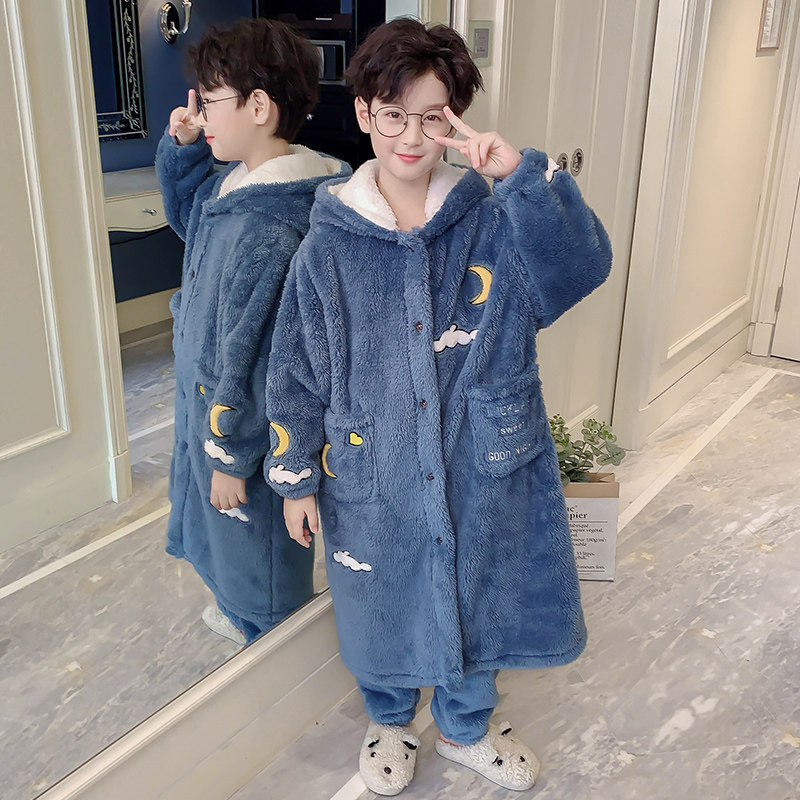 儿童珊瑚绒睡衣秋冬季小孩男童睡袍D加厚款法兰绒藏青云朵居服套