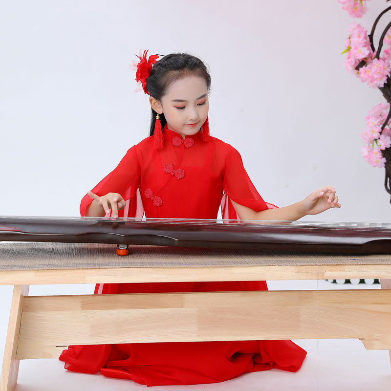 儿童款古筝演出服女中p大童仙女气质飘逸中国风钢琴二胡表演服长