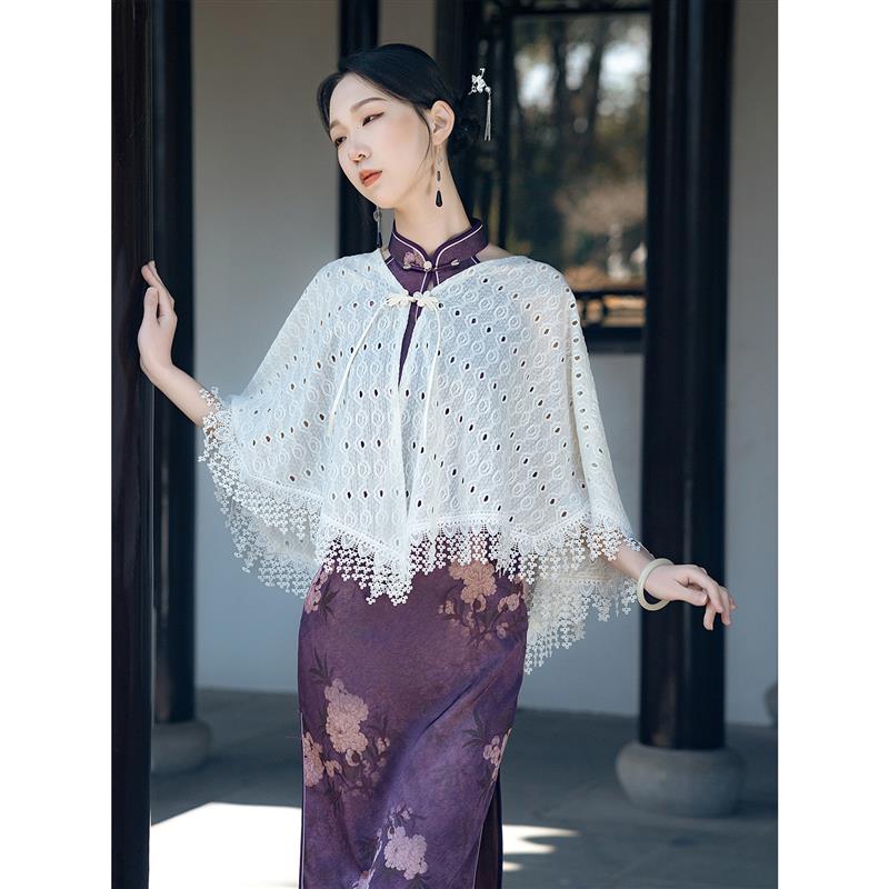 白色蕾丝镂空披肩女新中式优雅流苏旗袍外搭高级感复古披肩夏季