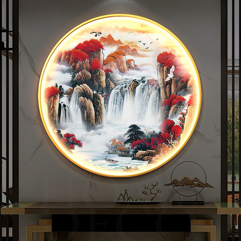 鸿运当头圆形玄关装饰画 画带灯新中式茶室壁灯画 画饭厅背景墙发