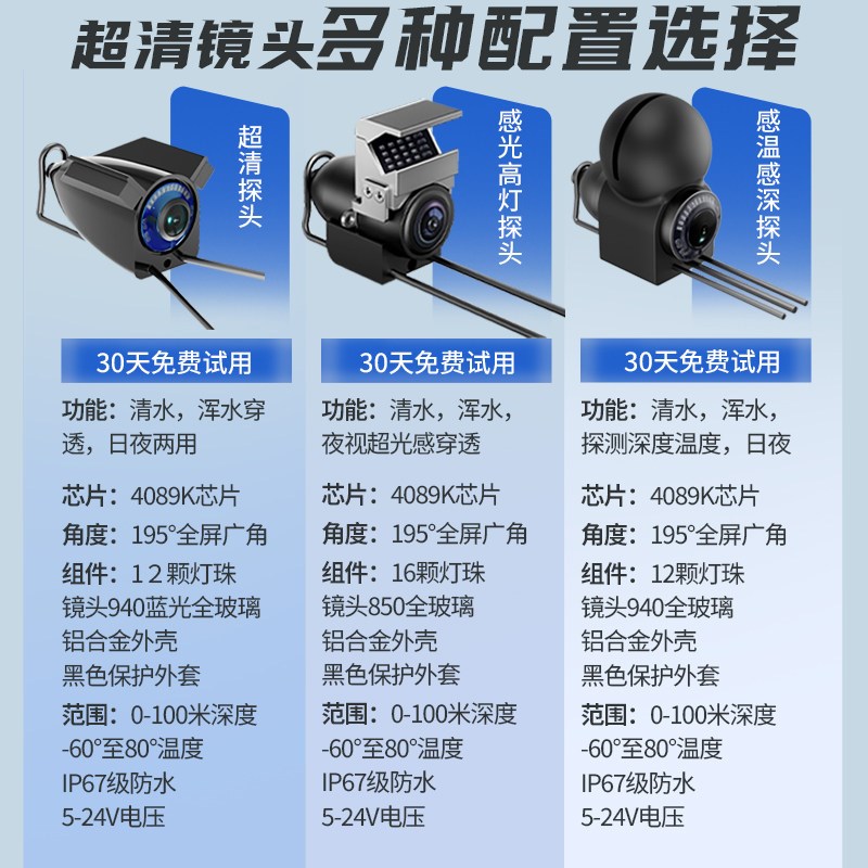 水下高清探头可视探鱼器钓鱼新型红外高灯锚鱼浑水夜视监控摄像头