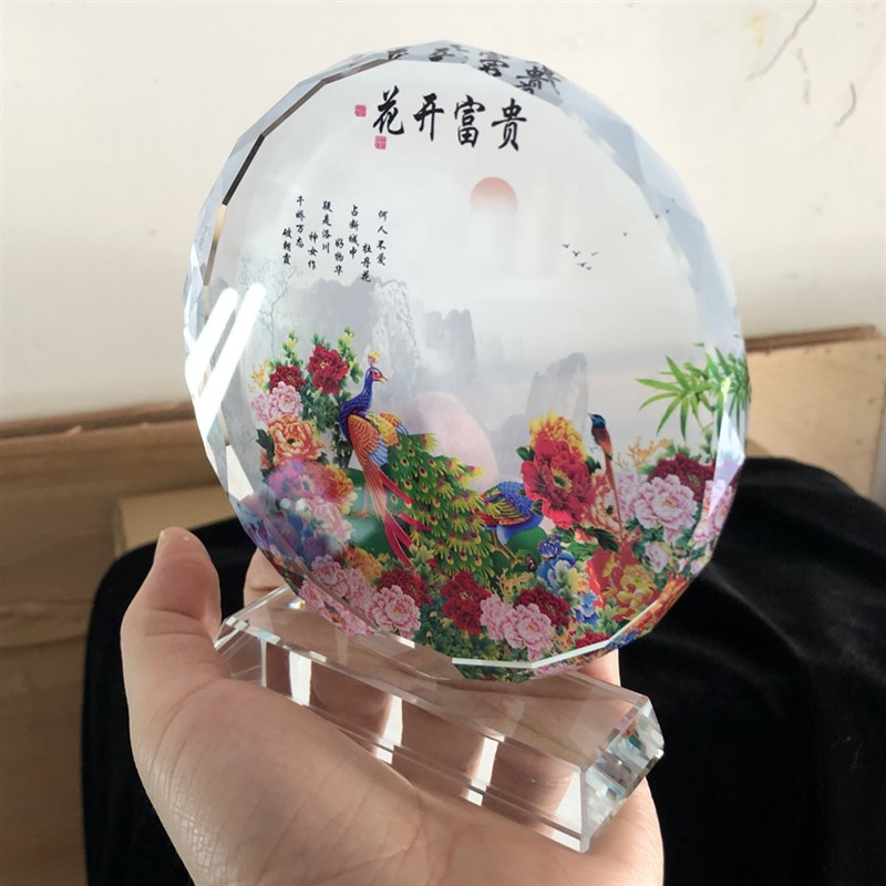 国画九鱼图九条鱼装饰画流水生财荷花富贵水晶摆件工艺品书桌装饰
