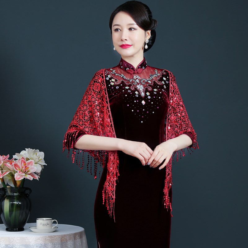 高端优雅蕾丝亮片红色旗袍披肩三角巾流苏婚礼妈妈外搭配礼服外披