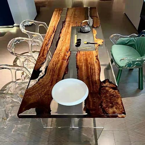 环氧树脂河流桌茶桌黑胡桃原木办公桌实木树脂大板水晶桌冰川茶台