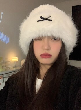 毛绒针织渔夫帽女2024新款秋冬季韩版百搭加厚保暖防寒护耳显脸小