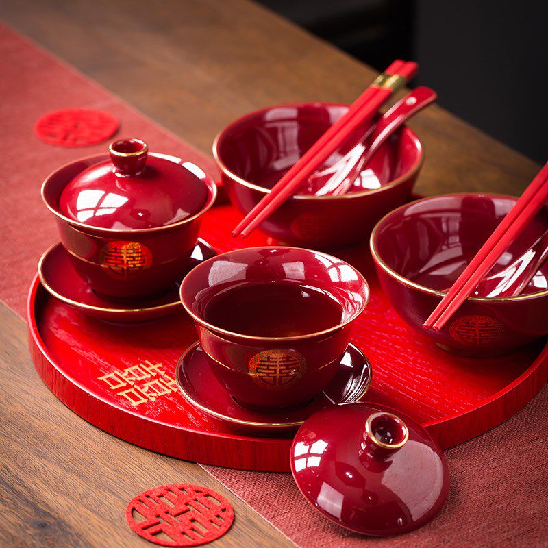 景德镇结婚改口敬茶杯新婚碗筷套装陶瓷红色喜碗杯一对陪嫁礼品婚