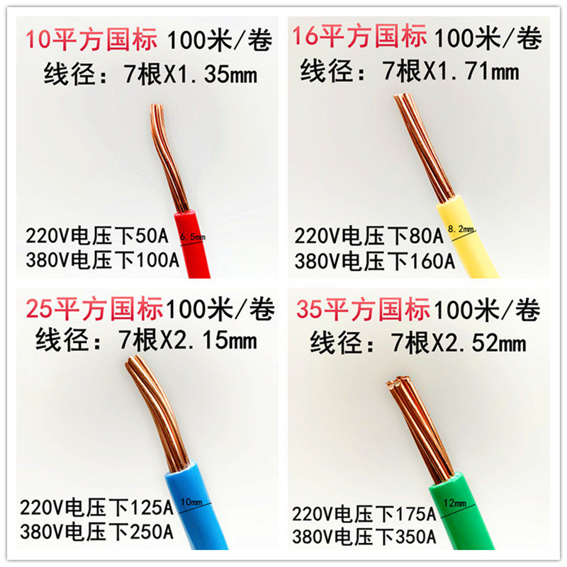 包邮国标BV10平方铜芯线7芯1*10黄绿双色接地单芯铜线硬电线电缆