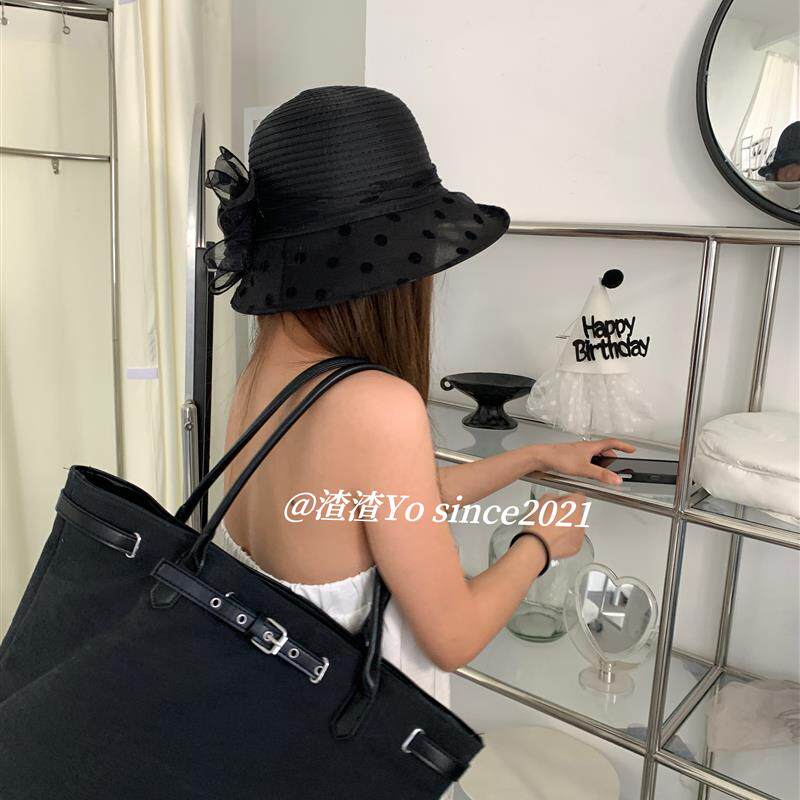 渣渣Yo法式赫本风复古波点网纱帽防晒大檐花朵显脸小遮阳渔夫帽 - 实物图