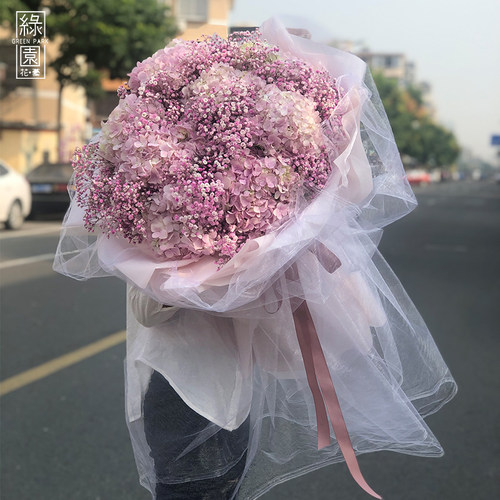 全国鲜花速递同城粉绣球满天星生日花束上海北京深圳广州南京花店