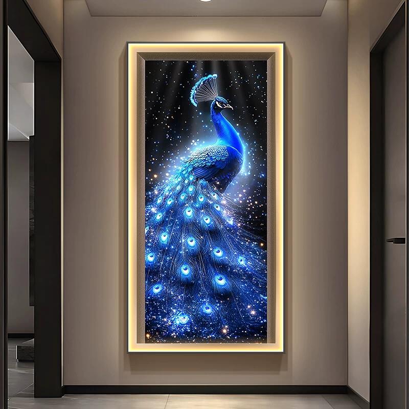 轻奢孔雀开屏玄关装饰画高档走廊过道挂画金色入户门竖版带灯壁画