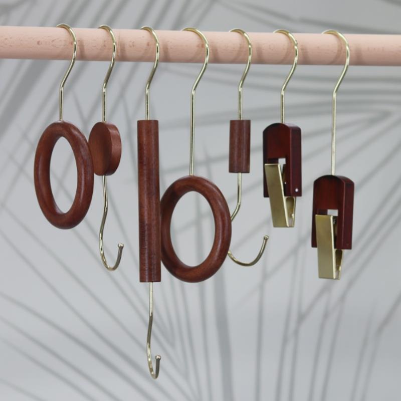 创意围巾木圈圆形丝巾木环 复古圆环挂钩衣架多功能黑胡桃圆环S钩