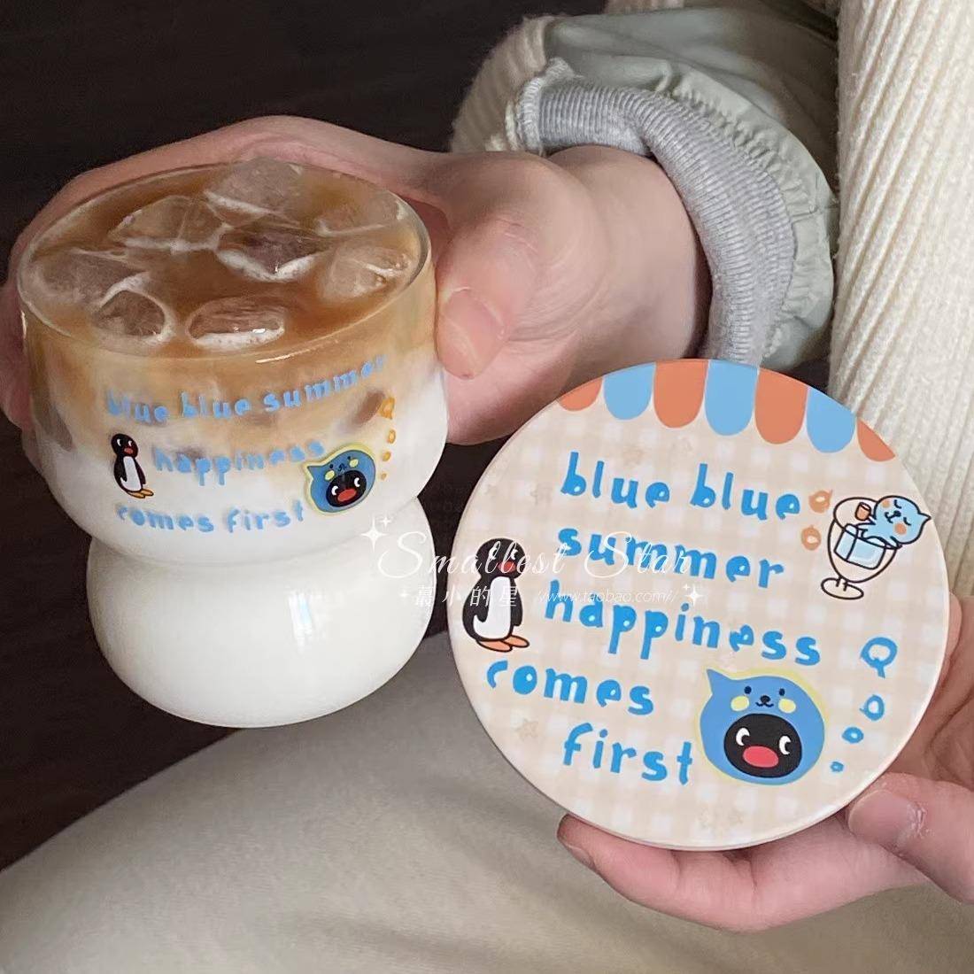 蓝色酷儿小企鹅杯垫家用圆形餐垫玻璃杯两件套可爱吸水隔热防烫垫