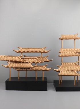 简约中式金d属屋檐建筑摆件客厅书房玄关酒店别墅软装家居饰品