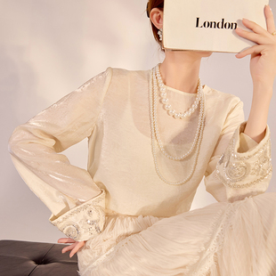 袖 人丝衬衫 口钉珠刺绣长袖 百搭新中式 N2071 上衣薄款 春秋国风新款