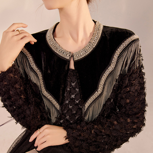 国风复古高级百搭旗袍礼服高贵时尚 N2056 桑蚕丝流苏设计黑色披肩