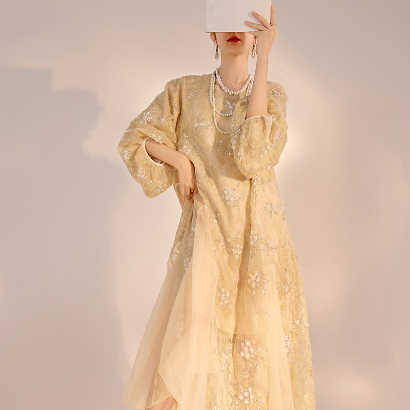 弥蝶新中式国风花朵钉珠刺绣长裙