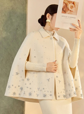 冬季时尚新中式钉珠镶钻设计大衣高端狐狸毛领羊毛斗篷外套 NZ048