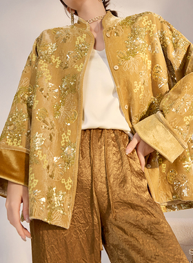 新中式国风秋冬新款花朵重工刺绣亮片金色高级感气质上衣女 M3006