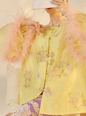 新中式高级时尚刺绣袖口羽毛拼接上衣国风紫色烧花半裙套装 N5083