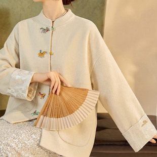 新中式春季新款国风盘扣爆款小马刺绣纯色双面呢羊毛外套女 NZ007