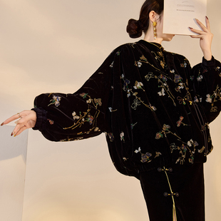 冬季 宽松V领丝绒钉珠刺绣高级感羽绒服保暖设计外套女NX065 新中式