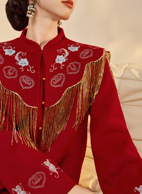 新中式红色云肩设计双面呢高端羊毛刺绣外套气质半裙套装女 NY033
