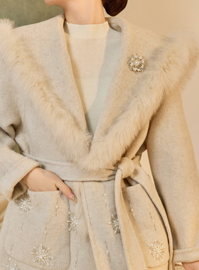 新中式复古雪花钉珠双面呢羊毛大衣高端气质狐狸毛领外套女 NZ037